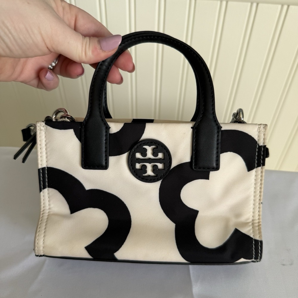 Tory Burch Women's Ella Printed Mini Nylon Tote Bag Crossbody Purse Black White